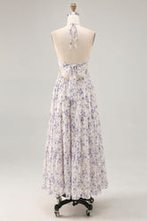 Blumen Gerafftes A Linie Blaues Neckholder Langes Hochzeitsgastkleid
